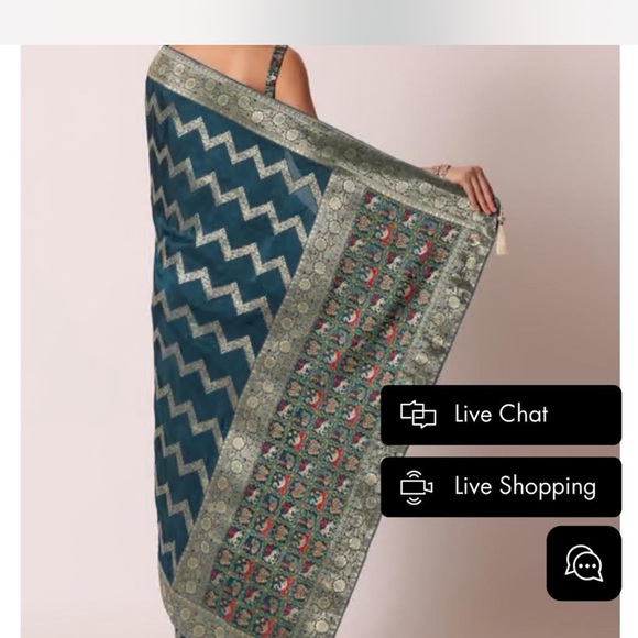 Elegant Teal and Gold Women's saree with blouse - Picture 3 of 3